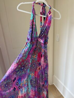 NEW Luli Fama Deep Plunge Halter Neck Long Dress - Pink Lagoon